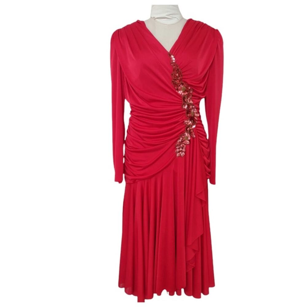 DAVID ROSE Vintage Knit Cocktail Dress Sz 12 Sequin Applique Holiday Red 80s 90s